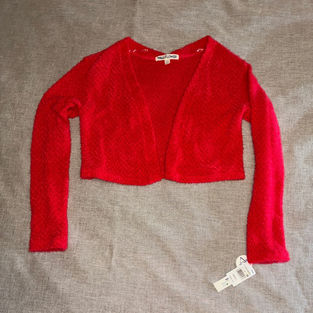 Wallflower Red Fuzzy Cropped Open Cardigan